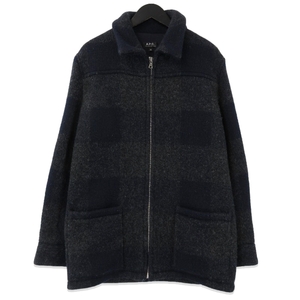 A.P.C. アーペーセー ウールハーフコート ジップアップ ウール チェック ルーマニア製 ネイビー XS 71010677