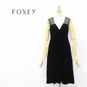 ◆FOXEY NEW YORK/フォクシーニューヨーク ストレッチ シースルー メッシュ×ベロア 切替 ドッキング ノースリーブ ワンピース ブラック 40