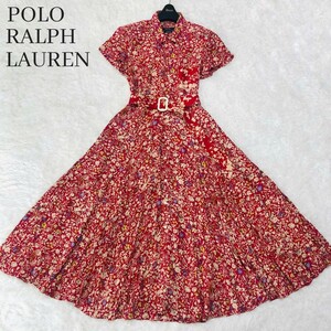 美品 POLO RALPH LAUREN ポロラルフローレン シャツワンピース ベルト マキシ ロング 花柄 フレア Aライン フラワー 総柄 レッド 赤 M 開襟