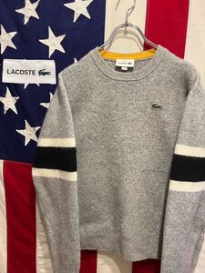 ★LACOSTE★★ウールニット★セーター★袖ライン★クルーネック★プルオーバー★ワンポイント★ワッペン★ワニ★グレー★4★Mサイズ相当★