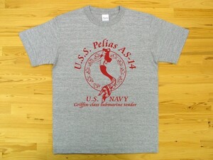 U.S.S. Pelias AS-14 杢グレー 5.6oz 半袖Tシャツ 赤 M ミリタリー 米海軍艦艇 グリフィン級潜水母艦 ペリアス U.S. NAVY 人魚