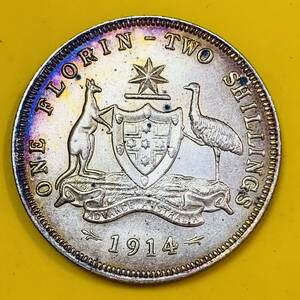 銀貨　古銭　1914年　イギリス領オーストラリア　ジョージ5世　カンガルー　紋章　コイン　硬貨　貿易銀