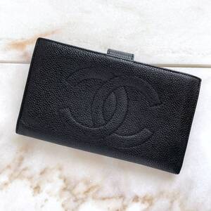 CHANEL シャネル キャビアスキン レザー がま口 長財布 デカココブラック