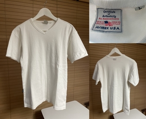 【激安1点のみ 国内正規品】AVIREX アヴィレックス DAILY V-NECK デイリーウエア リブ Vネック 半袖 Tシャツ L ホワイト系 617351 USED