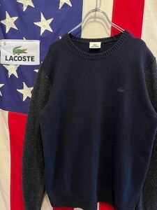 ★LACOSTE★ラコステ★配色切り替え★ウールニット★セーター★クルーネック★プルオーバー★ネイビー★紺★5★Lサイズ相当★AH3606★