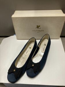 ★USED品★クレージュ Courreges リボン フラットシューズ スエード 秋冬　濃紺★サイズ６★23ｃｍ★