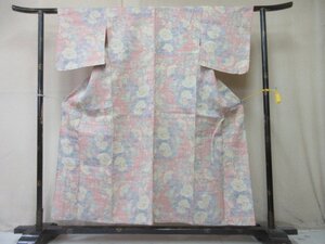 1円 良品 正絹 着物 紬 真綿 和装 和服 赤 草花 花柄 オリエンタル更紗 おしゃれ 高級 単衣 身丈142cm 裄63cm【夢職】★★★