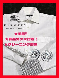 ◆送料無料！★美品+高級クリーニング！◆カフスおまけ！◆BURBERRY,バーバリーブラックレーベル*長袖シャツ*白*シャドーチェック柄*M相当