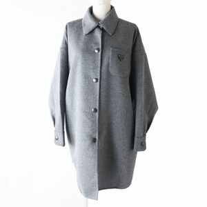 極美◎正規品 21AW 伊製 PRADA プラダ P6680 レディース トライアングロゴ／三角プレート付 カシゴラ ロングコート 灰 38 定価539000円