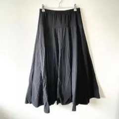【ビアズリー】　フレア　スカート　異素材　ウエストゴム　日本製　黒　F