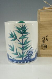 T　京焼　祥堂窯　二代手塚祥堂　色絵岩竹之図　水指　　　共箱　美品状態良好　茶道具　4251