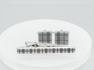 ■【YS-1】 Burberry バーバリー タイピン カフス セット ■ シルバー系 タイピン全長約6cm カフストップ1.5cmｘ1.5cm 【同梱可能商品】C