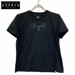 新品同様/国内正規 HERMES エルメス 4H4643DA プリント クルーネック 半袖Tシャツ/ トップス 42 ブラック レディース