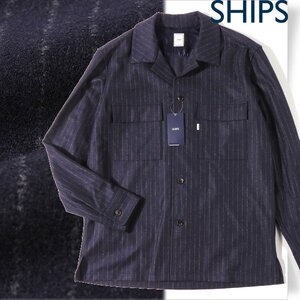 新品1円～★定価2.6万 SHIPS シップス メンズ 秋冬 長袖 ウール毛 チョークストライプ ジャージシャツ M ジャケット ネイビー本物◆A1201◆