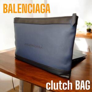 ★美品★バレンシアガ 373834 ネイビークリップM クラッチバッグ レザー　BALENCIAGA セカンドバッグ パンチングロゴ　ジッピー