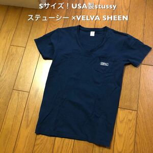 Sサイズ！USA製stussy ステューシー ×VELVA SHEEN 古着半袖Vネックポケット付きTシャツ 青味ネイビー 半袖Tシャツ