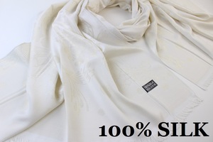 新品 アウトレット【SILK シルク100%】金糸織 ドット 華 ペイズリー柄 大判 ストール/スカーフ オフホワイト系 ゴールド