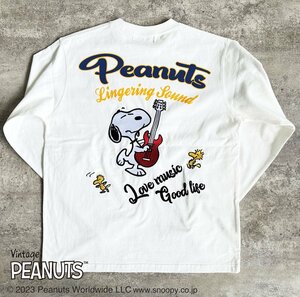 433046-10 SNOOPY FLAG STAFF PEANUTS スヌーピー ギター 長袖Tシャツ クルーネック バックプリント 刺繍 メンズ(ホワイト白) XXL