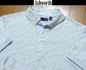 M(US)M(JP位)【セール！送料無料】希少 アシュワースAshworth USA限定 ゴルフマン 美品 総柄リーフ葉 刺繍調デザイン 4方向伸縮 ポロシャツ