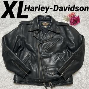 1円～【XL】美品 ハーレーダビッドソン ダブルス ライダースジャケット 牛革 ブラック 黒 40180 Harley-Davidson 大きめ (250118-ss-7)