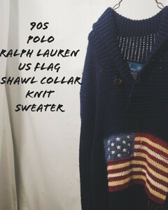 Vintage Polo Ralph lauren US flag shawl collar knit sweater 90s ラルフローレン 星条旗 ショールカラー ニット セーター ビンテージ