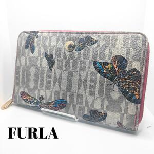 FURLA　フルラ　総柄　ラウンドファスナー　長財布　除菌・清掃済み