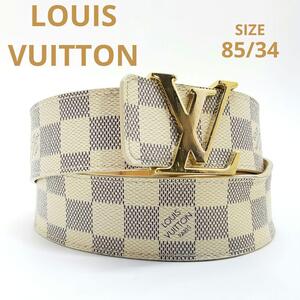 Louis Vuitton ルイヴィトン 保存袋付 ダミエ アズール メンズ ベルト 85/34 サンチュール LVイニシャル ゴールド色 M9609 スペイン製