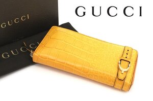 95万新品◆GUCCI グッチ 最高級クロコレザー ホースビットベルトモチーフ カード12枚・札入れ3箇所 ラウンドジップ型長財布 橙黄 1円