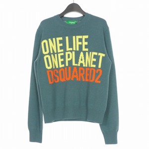 未使用品 ディースクエアード DSQUARED2 22AW ONE LIFE ONE PLANET ロゴ刺繍 クルーネックニット セーター 長袖 S グリーン S73HA0166