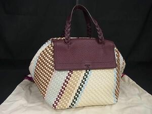 1円 ■美品■ TORY BURCH トリーバーチ レザー 編み込み ハンドバッグ トートバッグ レディース パープル系×マルチカラー FC9628