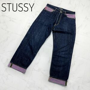 STUSSY ワイドデニムパンツ　SSロゴ刺繍　32 ペイント加工　ドット　ROUGH and RUGGED DENIM シャネルロゴ ドット柄プリント