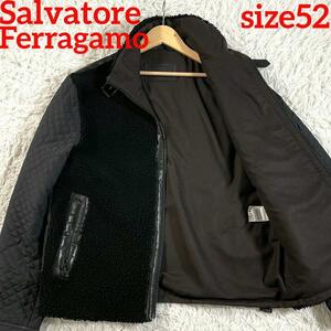 極美品 切替 XL● Salvatore Ferragamo ボアジャケット ブルゾン キルティング 革 レザー レザータグ 羊毛 黒 メンズ フェラガモ 52サイズ