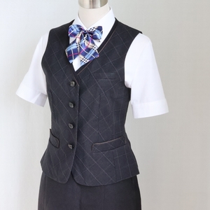 11号 BONMAX グレー チェック柄 中古 OL制服/事務服 ◆ ベスト,スカート セット,中古ブラウス,新品リボンのオマケ付