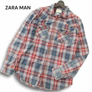 ZARA MAN ザラ マン 通年 ウォッシュ加工★ インディゴ 長袖 ウエスタン チェック シャツ Sz.L　メンズ　A4T08863_8#C