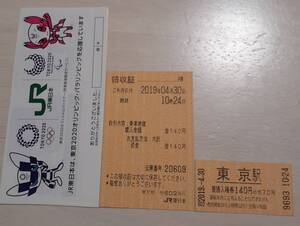 【非売品・新品・未使用】平成31年4月30日　東京駅入場券切符と領収書　10時24分 (9693&20609)