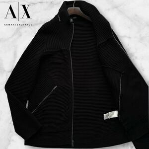 極美品/L相当◎アルマーニ エクスチェンジ ドライバーズニット ARMANI EXCHANGE ジップアップ ジャケット ハイネック フード付 ブラック 黒