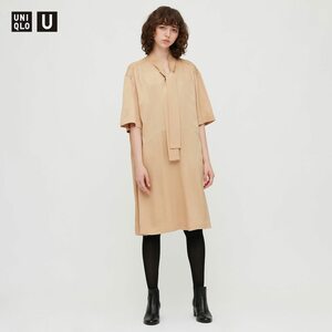 【新品・M/L/XXL・ベージュ】ユニクロ×ルメール■Uniqlo U ユニクロユー クレープボウタイワンピース 5分袖 ギャザーでシルエットも◎