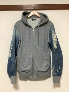 ゆ1491 DIESEL ディーゼル スウェットパーカー Hoodie フーディー S 袖デニム ダメージ加工 ジップアップパーカー