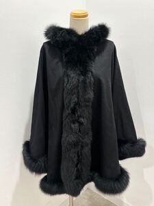 D(0120w6) SAGA FURS サガファーズ ポンチョ ケープ ブルーフォックス フォックスファー カシミヤ100% ブラック色 黒 羽織り レディース 