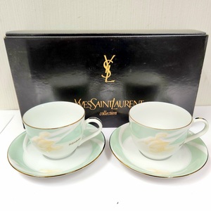 C-07080K Yves Saint Laurent イヴサンローラン カップ&ソーサー コーヒー ティー 洋食器 茶器 ホワイト×グリーン 共箱付き 保管品