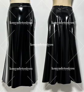 LJH24057黒 L-XL 超光沢 フィッシュテール フレアスカート 膝下丈 ロングスカート