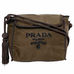 プラダ ミニ ショルダーバッグ ブラウン 美品 ビジュー ナイロン ビーズ 中古 PRADA タッセル ポシェット ロゴ