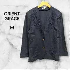 《ORIENT GRACE》長袖ジャケット ノーカラー 刺繍 リネン (M)