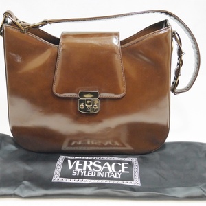 USED品 VERSACE ヴェルサーチ サンバースト ハンドバッグ エナメル 茶