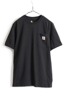 人気 黒 ■ カーハート ポケット付き 半袖 Tシャツ ( メンズ M )古着 CARHARTT 半袖Tシャツ ヘビーウェイト ポケT ロゴT 無地 ワンポイント