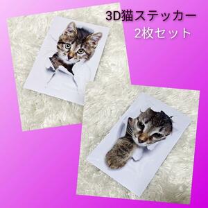 3D カーステッカー ２枚セット 隠れ猫　ねこ　シール　カー用品　送料無料