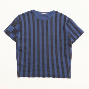 TH5761◇80s 筆タグ イッセイミヤケ/ISSEY MIYAKE MAN コットン ストライプ×市松模様 半袖 Tシャツ カットソー F ブルー×黒系 vintage