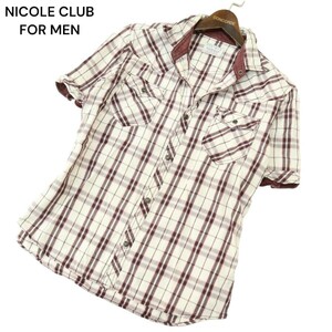 NICOLE CLUB FOR MEN ニコルクラブ フォーメン 春夏 襟ワイヤー★ 半袖 ウエスタン チェック シャツ Sz.48　メンズ　A4T07525_6#A