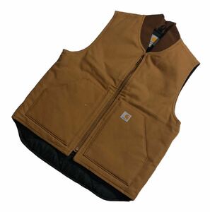 ■ Carhartt カーハート ■ ロゴ ラベル 中綿入 ルーズフィット ウォッシュドダック 断熱 リブカラー ベスト ブラウン系 M