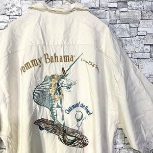 Tommy Bahama トミーバハマ 半袖刺繍アロハシャツ 開襟シャツ オープンカラーシルクシャツ FISH バック刺繍 SILK アイボリー M